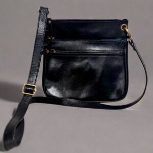 Fat Face UK Black Genuine Leather Adjustable Crossbody Front Zipper Brass Gold